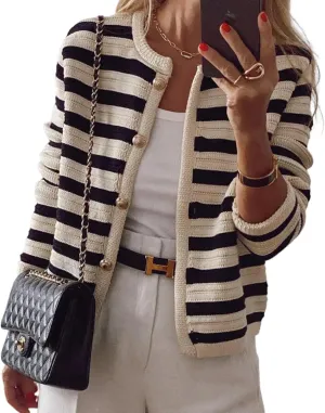 Chic Striped Womens Cardigan Sweaters Collarless Long Sleeve Knitted Sweater and Color Block Outwear Jacket for Women