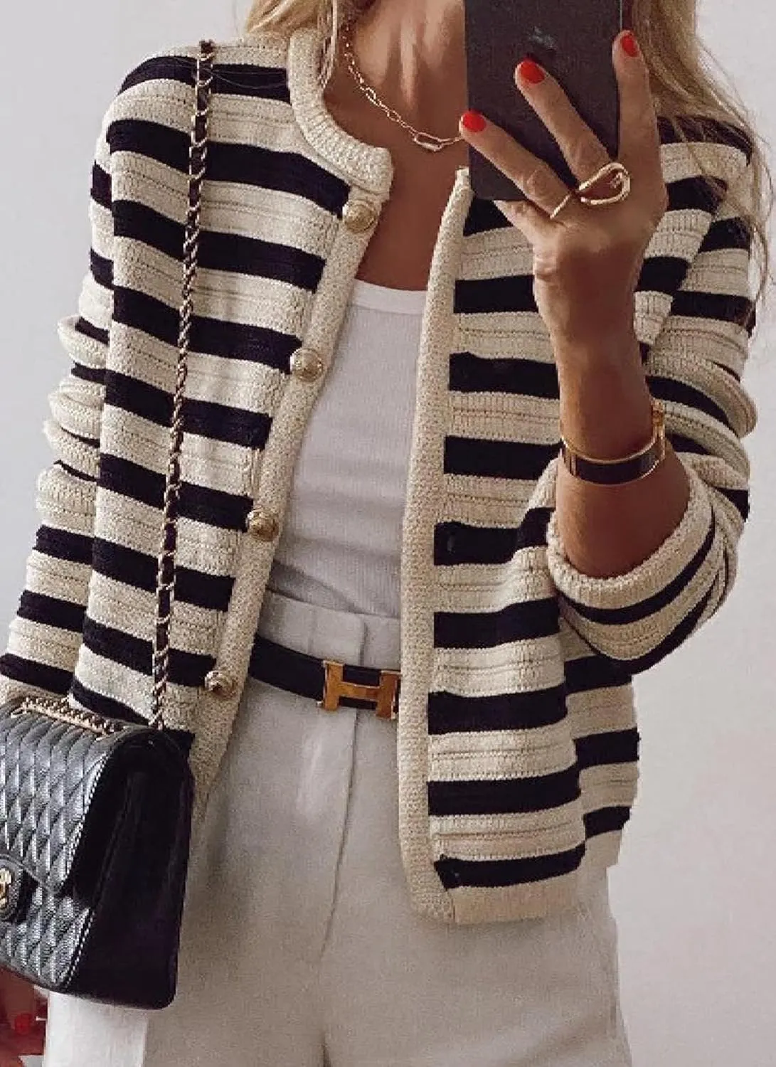 Chic Striped Womens Cardigan Sweaters Collarless Long Sleeve Knitted Sweater and Color Block Outwear Jacket for Women