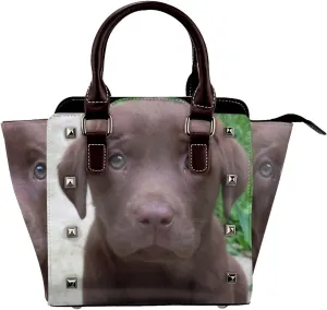 Chocolate Lab Face Women Leather Handbag Rivet Shoulder Bag Top Handle Satchel Purse