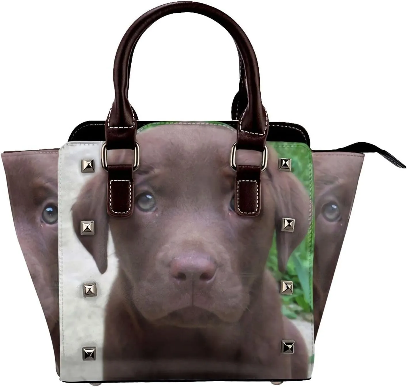Chocolate Lab Face Women Leather Handbag Rivet Shoulder Bag Top Handle Satchel Purse