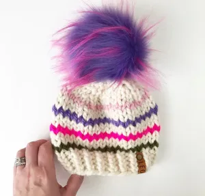 Chunky Rainbow Striped Faux Fur Pom Beanie