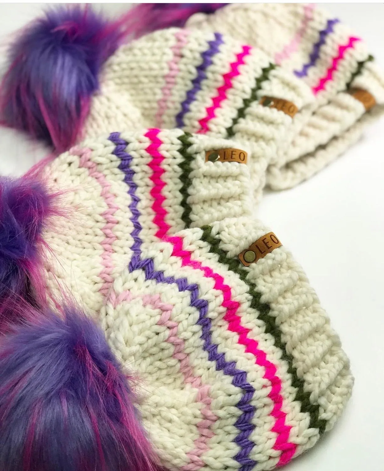 Chunky Rainbow Striped Faux Fur Pom Beanie