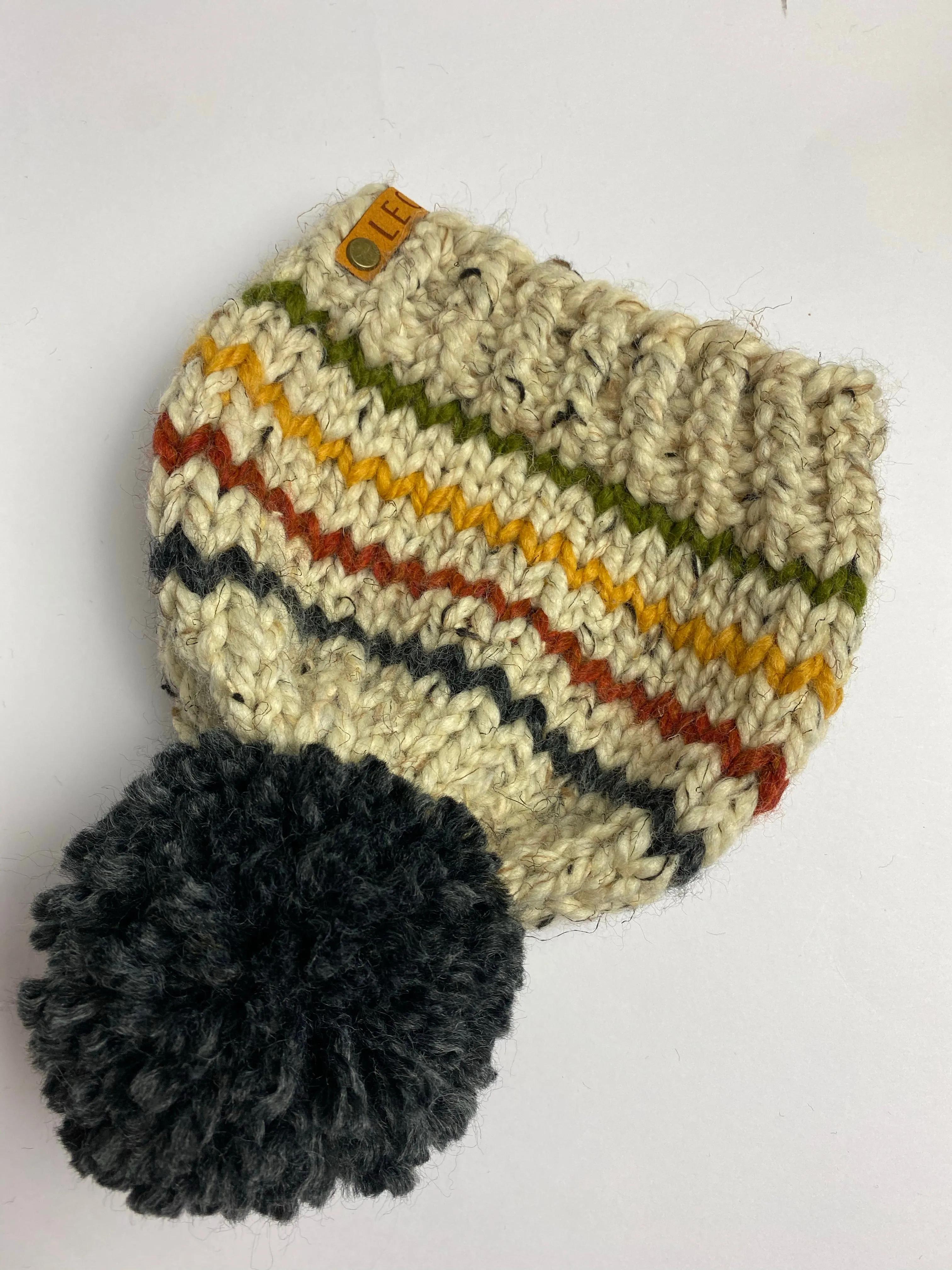 Chunky Striped Beanie With Yarn Pom Pom