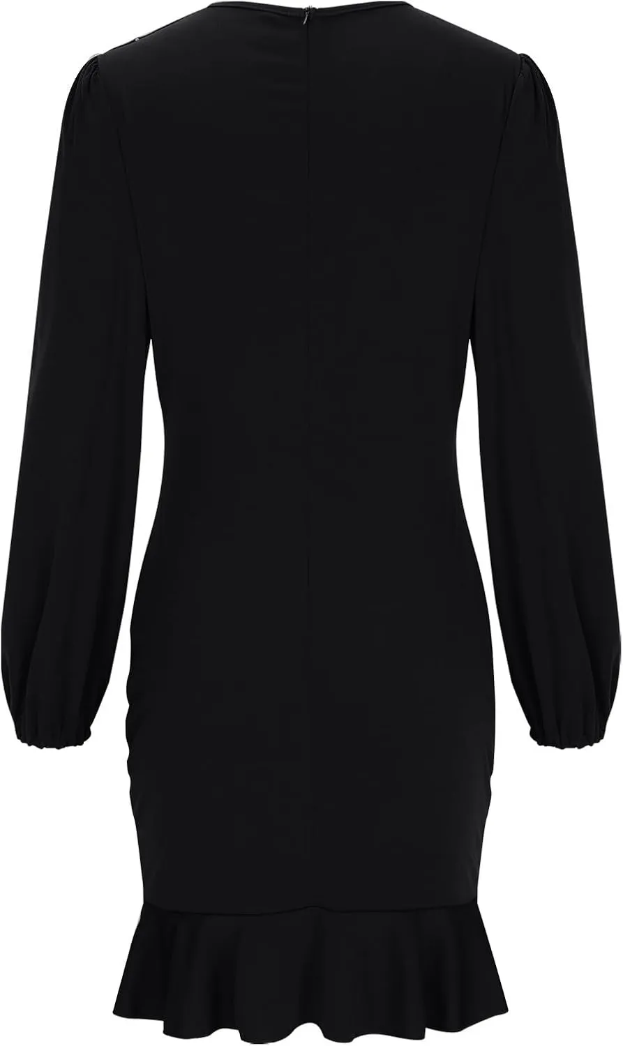 Cocktail Party Work Dress for Women Puff Long Sleeve Bodycon Dresses Ruffle Hem Crew Neck Solid Slim Mini Pencil Dress