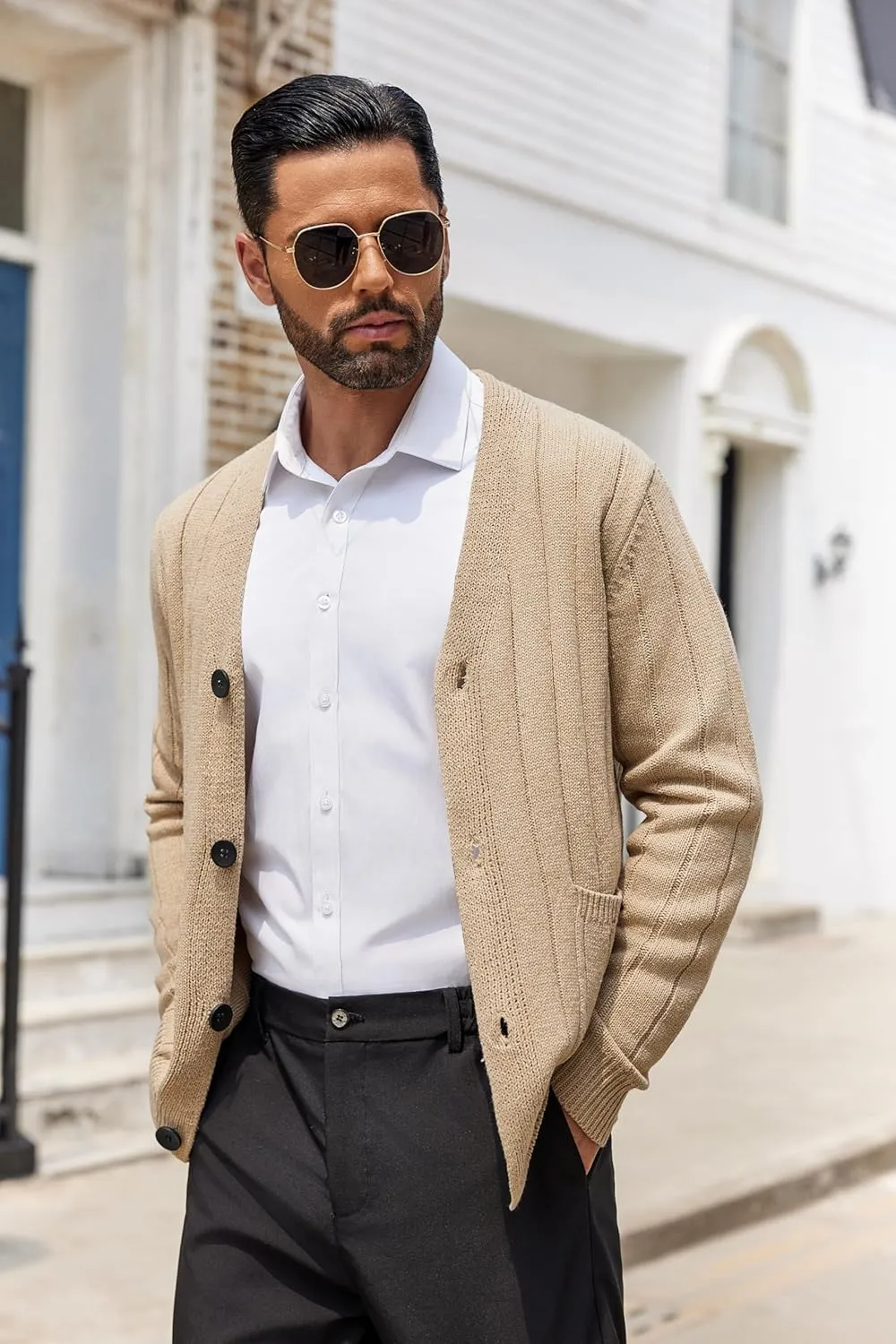 COOFANDY Men's Cardigan Sweater Cable Knit V Neck Button up Sweaters Ribbed Cardigan Sweater with Pockets