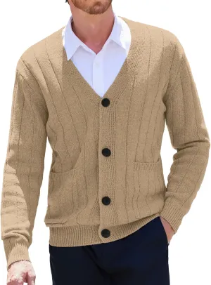 COOFANDY Men's Cardigan Sweater Cable Knit V Neck Button up Sweaters Ribbed Cardigan Sweater with Pockets