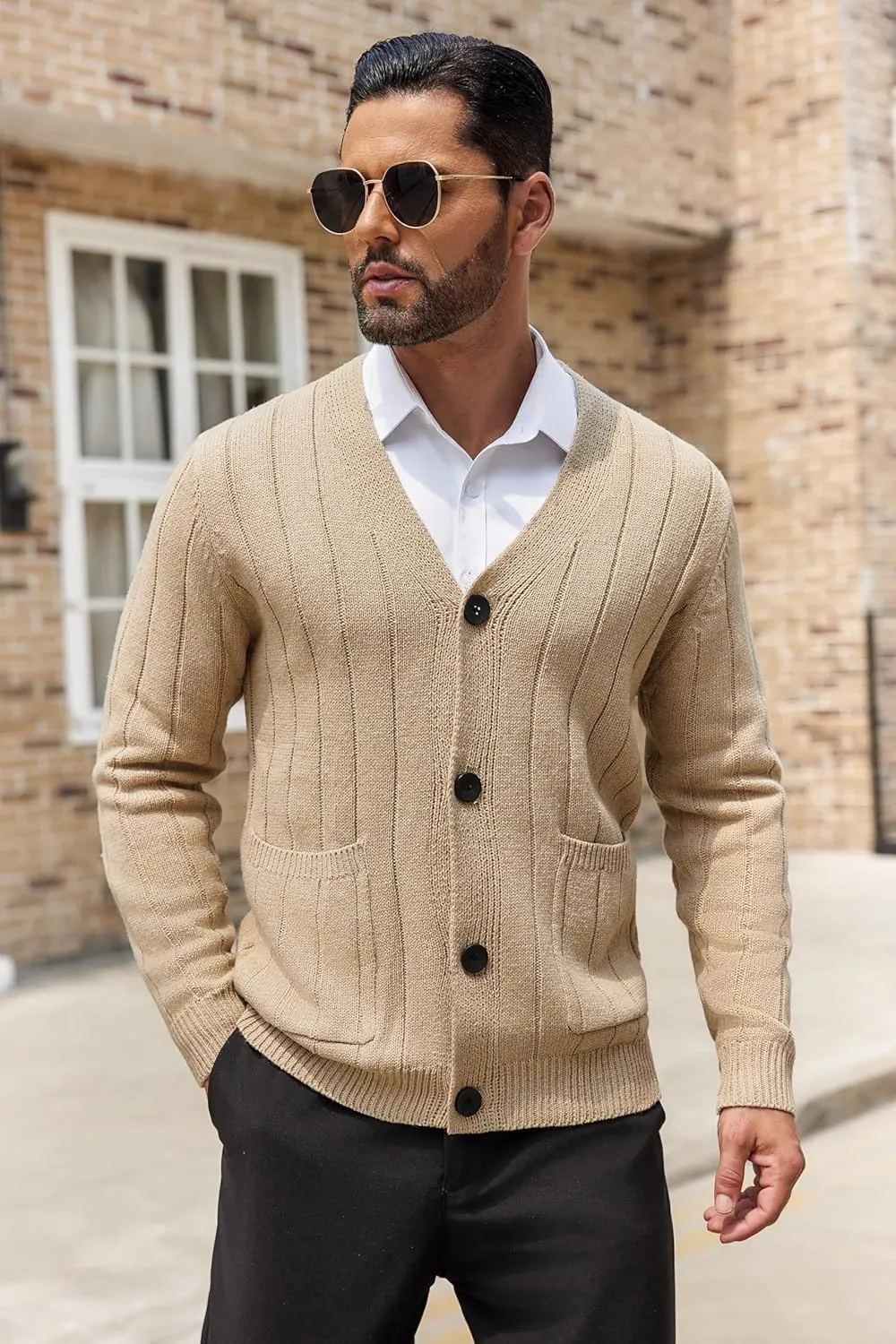 COOFANDY Men's Cardigan Sweater Cable Knit V Neck Button up Sweaters Ribbed Cardigan Sweater with Pockets