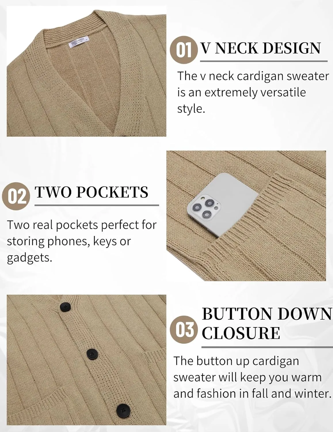 COOFANDY Men's Cardigan Sweater Cable Knit V Neck Button up Sweaters Ribbed Cardigan Sweater with Pockets