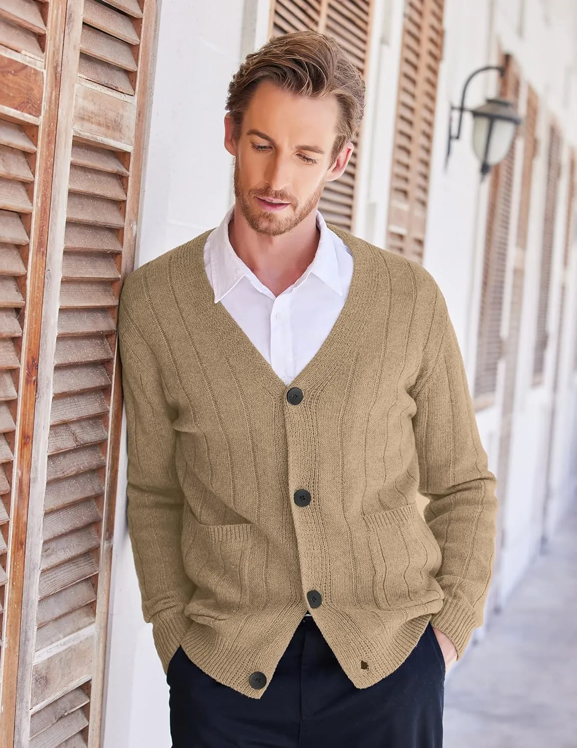 COOFANDY Men's Cardigan Sweater Cable Knit V Neck Button up Sweaters Ribbed Cardigan Sweater with Pockets