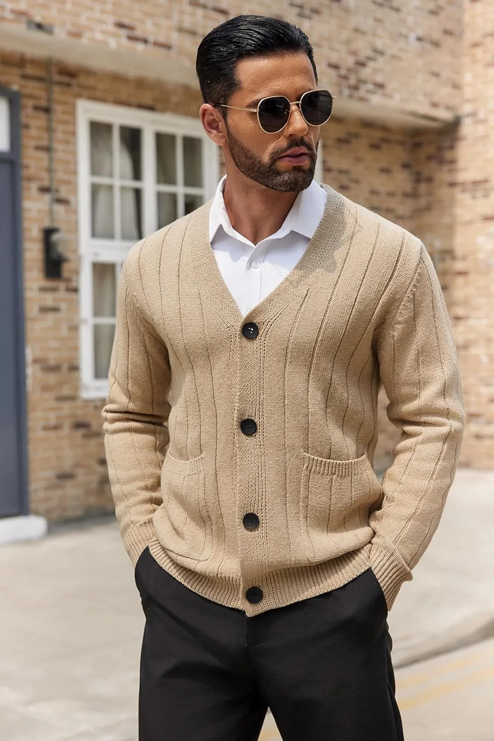 COOFANDY Men's Cardigan Sweater Cable Knit V Neck Button up Sweaters Ribbed Cardigan Sweater with Pockets