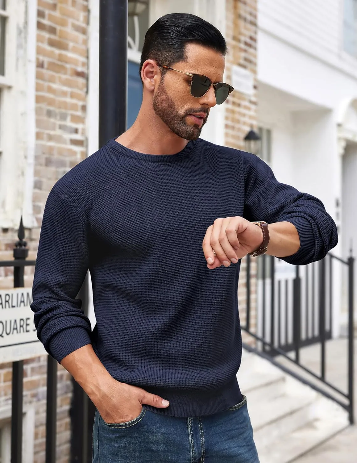 COOFANDY Men's Crewneck Sweater Waffle Textured Pullover Sweaters Soft Midweight Knitted Sweaters