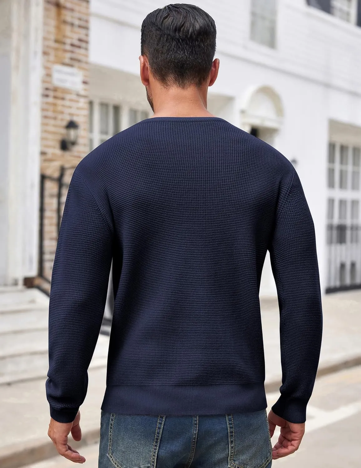 COOFANDY Men's Crewneck Sweater Waffle Textured Pullover Sweaters Soft Midweight Knitted Sweaters