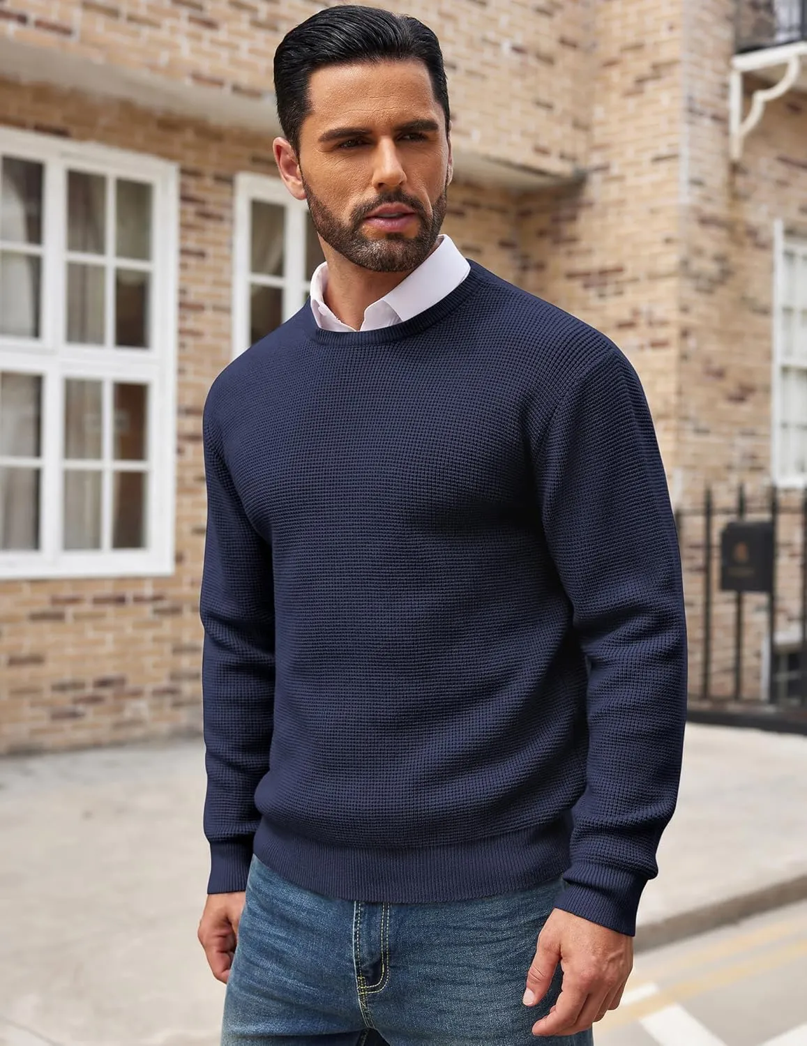 COOFANDY Men's Crewneck Sweater Waffle Textured Pullover Sweaters Soft Midweight Knitted Sweaters