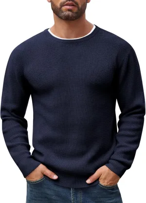COOFANDY Men's Crewneck Sweater Waffle Textured Pullover Sweaters Soft Midweight Knitted Sweaters