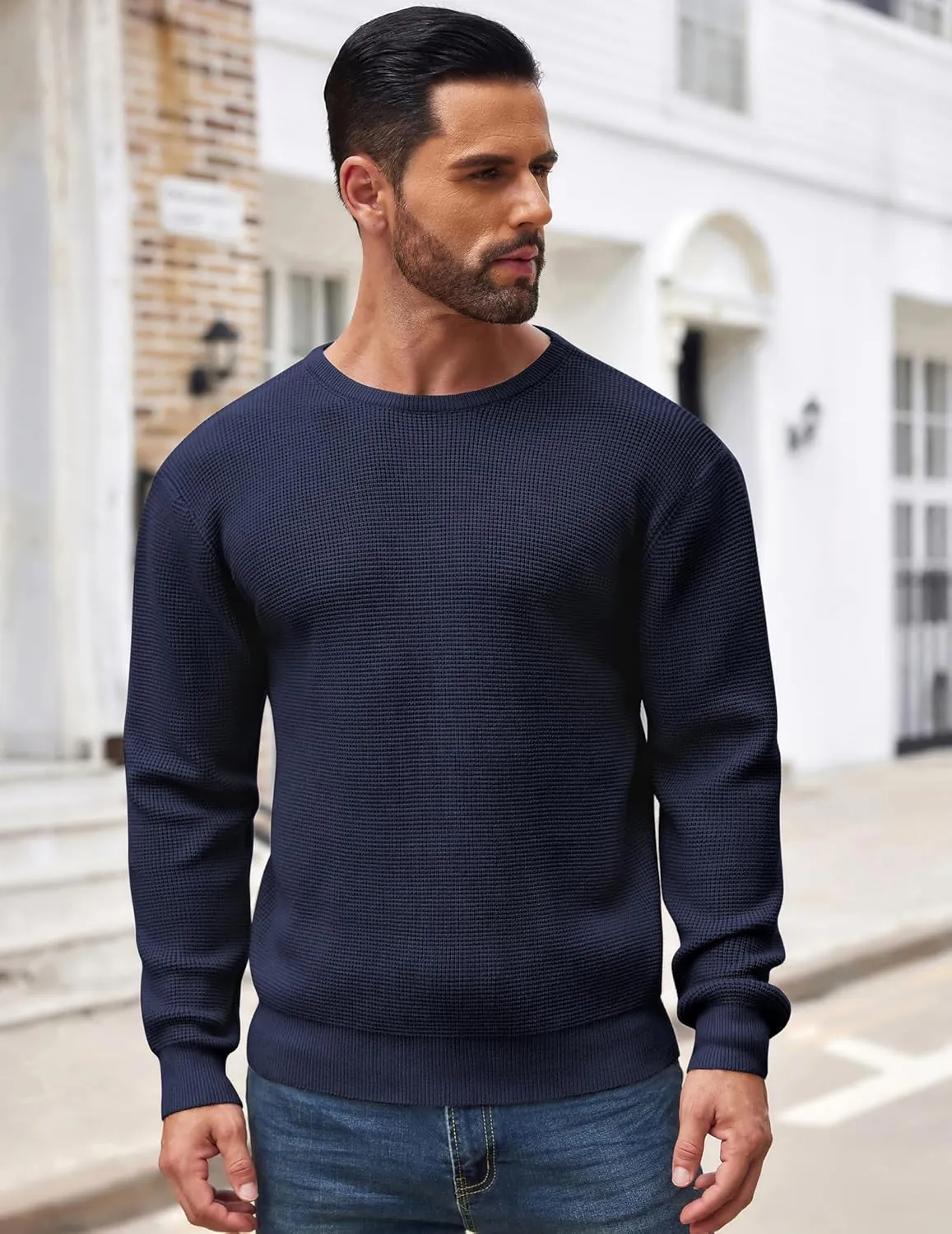 COOFANDY Men's Crewneck Sweater Waffle Textured Pullover Sweaters Soft Midweight Knitted Sweaters