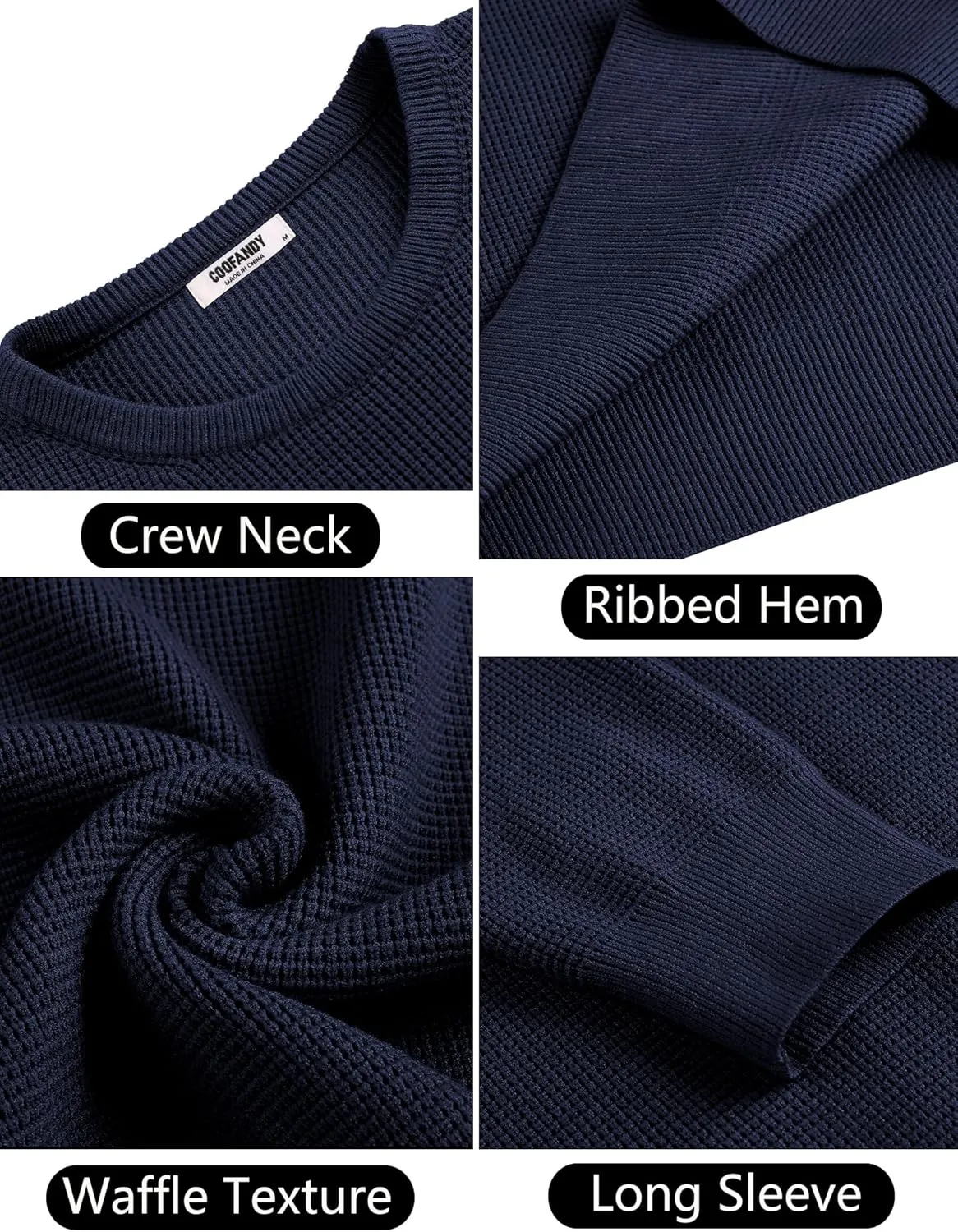 COOFANDY Men's Crewneck Sweater Waffle Textured Pullover Sweaters Soft Midweight Knitted Sweaters
