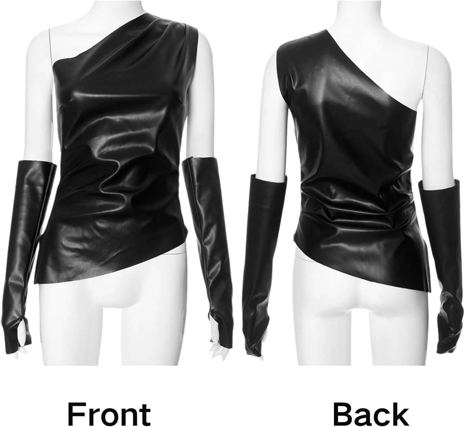 CORIRESHA Women's Faux Leather Pleated Sleeveless Asymmetrical Mock Neck Slim Tank Top