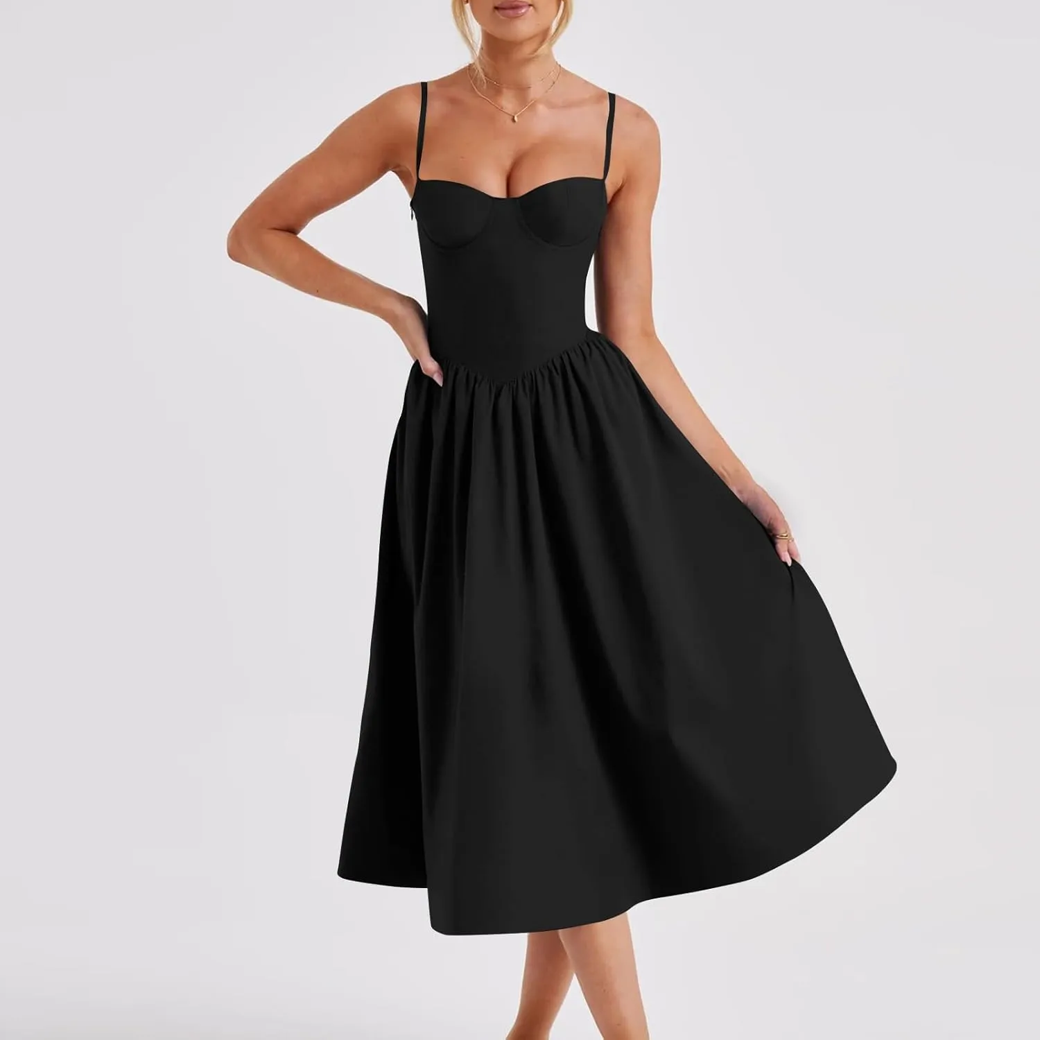 Corset Dress for Women Formal Spaghetti Strap Bustier Midi Dresses Flowy Pleated Hem A-Line Sundress with Pockets