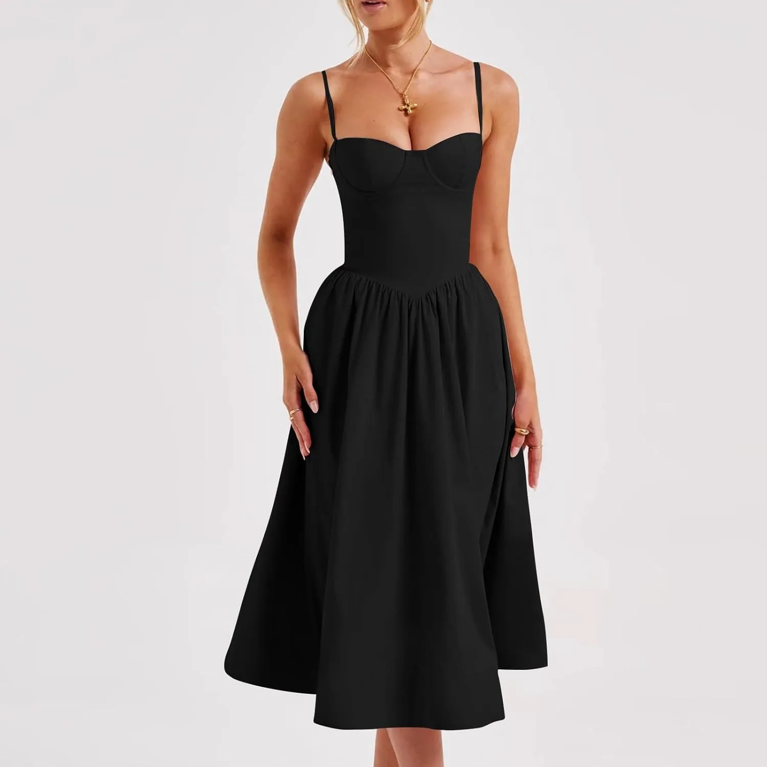 Corset Dress for Women Formal Spaghetti Strap Bustier Midi Dresses Flowy Pleated Hem A-Line Sundress with Pockets