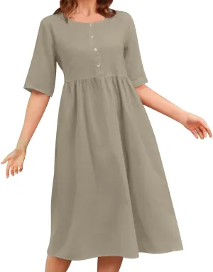 Cotton Linen Button Down Crewneck Midi Dress for Women Pleated High Waisted Loose Casual Plus Size Knee Length Dress