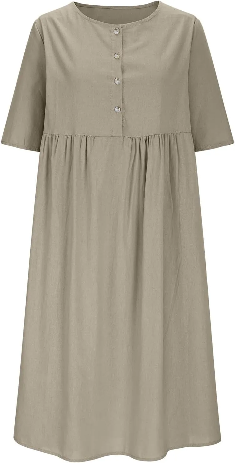 Cotton Linen Button Down Crewneck Midi Dress for Women Pleated High Waisted Loose Casual Plus Size Knee Length Dress