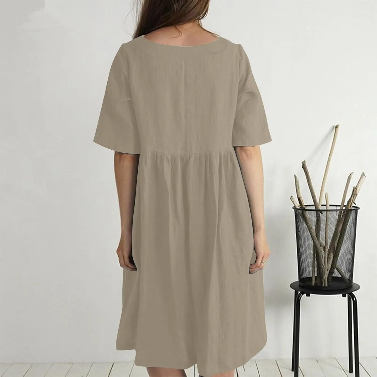 Cotton Linen Button Down Crewneck Midi Dress for Women Pleated High Waisted Loose Casual Plus Size Knee Length Dress