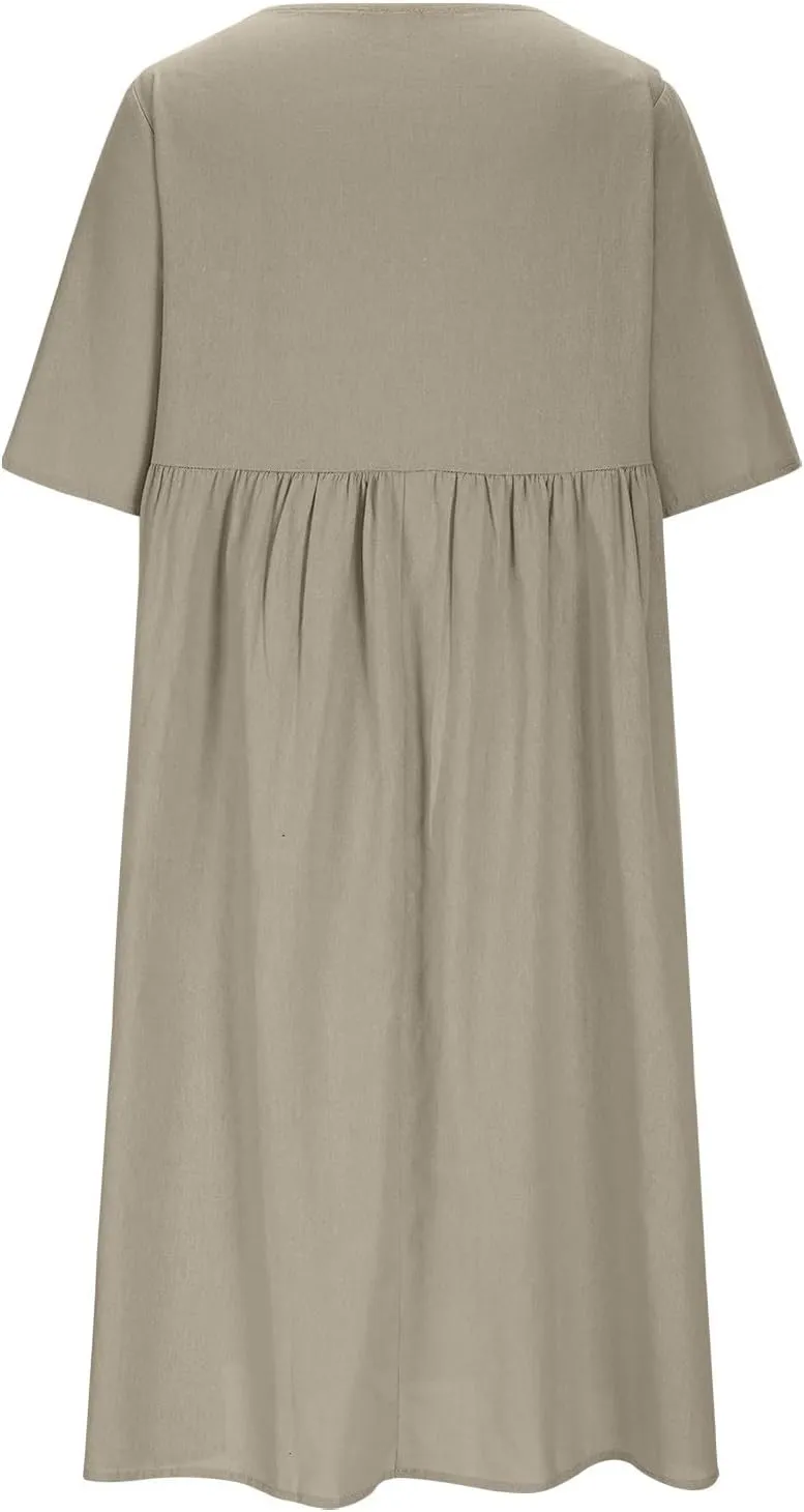 Cotton Linen Button Down Crewneck Midi Dress for Women Pleated High Waisted Loose Casual Plus Size Knee Length Dress
