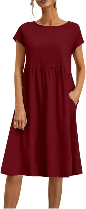 Cotton Linen Dress for Women Summer Trendy Short Sleeve Crew Neck Sexy Plus Size Loose Vacation Dress with Pocket