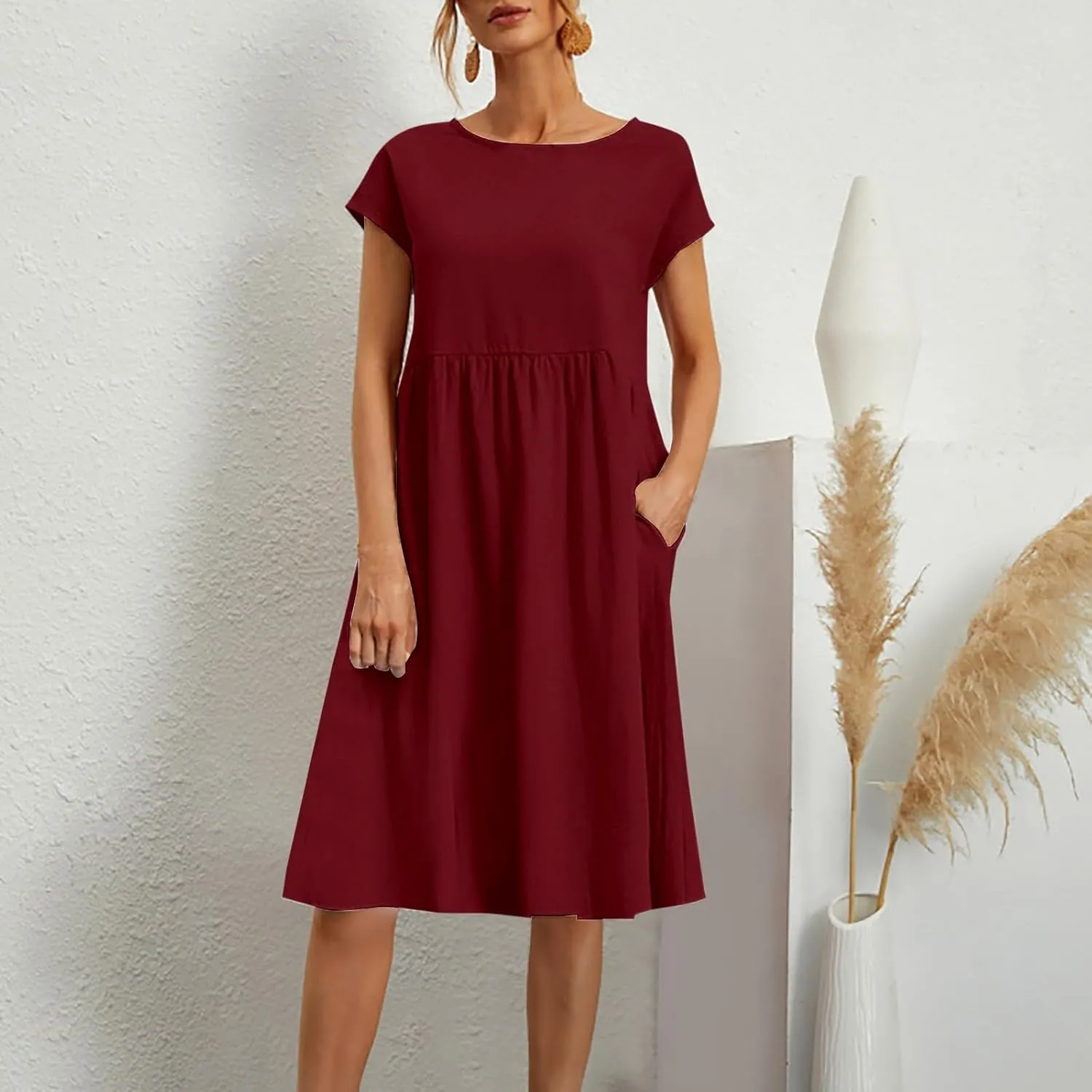 Cotton Linen Dress for Women Summer Trendy Short Sleeve Crew Neck Sexy Plus Size Loose Vacation Dress with Pocket