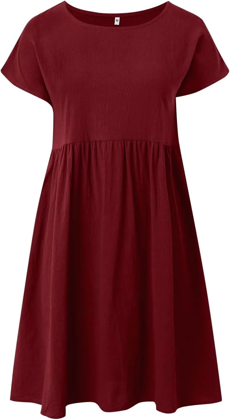 Cotton Linen Dress for Women Summer Trendy Short Sleeve Crew Neck Sexy Plus Size Loose Vacation Dress with Pocket