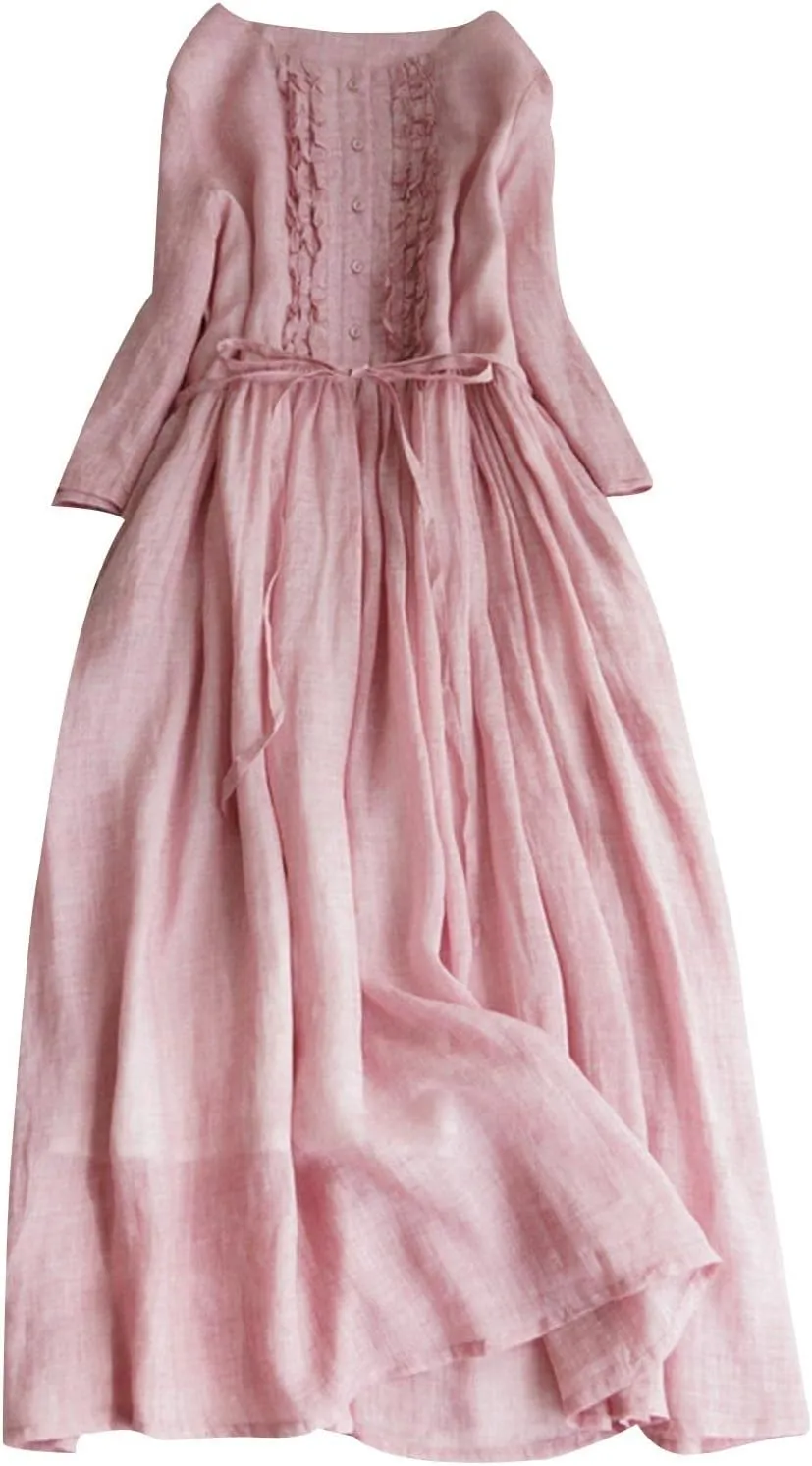Cotton Linen Dress for Women Vintage Frill Trim Button Down Long Sleeve Casual Midi Dresses Fall Loose Flowy Sundress