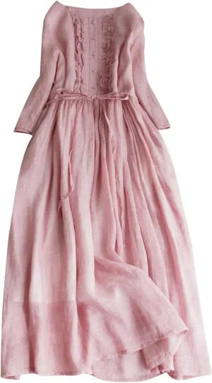 Cotton Linen Dress for Women Vintage Frill Trim Button Down Long Sleeve Casual Midi Dresses Fall Loose Flowy Sundress