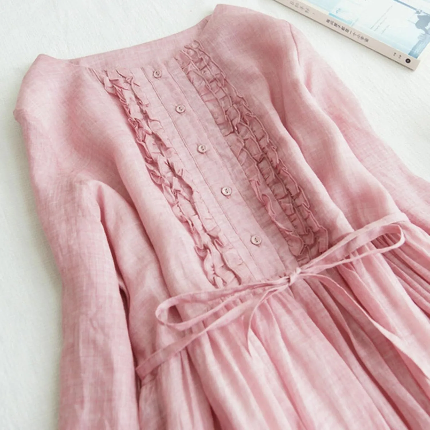 Cotton Linen Dress for Women Vintage Frill Trim Button Down Long Sleeve Casual Midi Dresses Fall Loose Flowy Sundress