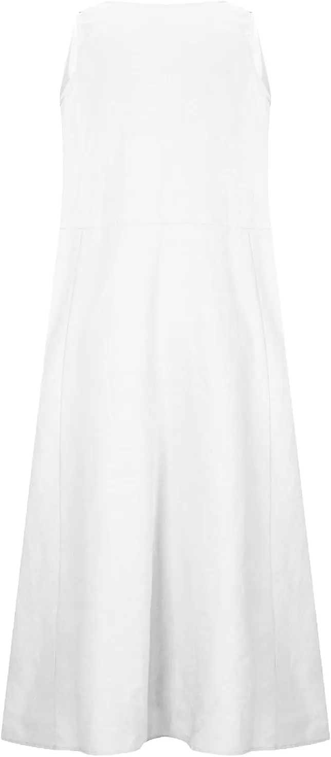Cotton Linen Dresses for Women 2025 Summer Long Dress Sleeveless Flowy Plus Size Loose Tank Sundress with Pockets