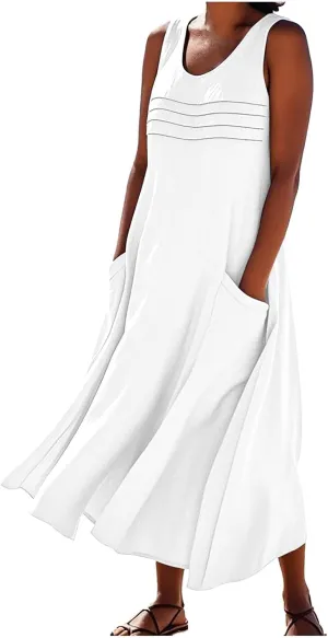 Cotton Linen Dresses for Women 2025 Summer Long Dress Sleeveless Flowy Plus Size Loose Tank Sundress with Pockets