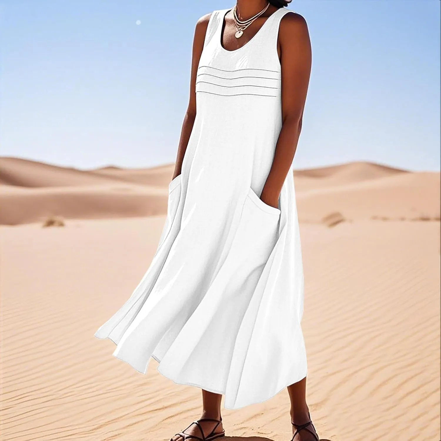 Cotton Linen Dresses for Women 2025 Summer Long Dress Sleeveless Flowy Plus Size Loose Tank Sundress with Pockets