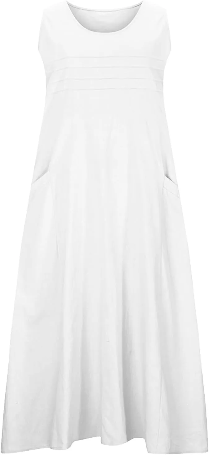 Cotton Linen Dresses for Women 2025 Summer Long Dress Sleeveless Flowy Plus Size Loose Tank Sundress with Pockets
