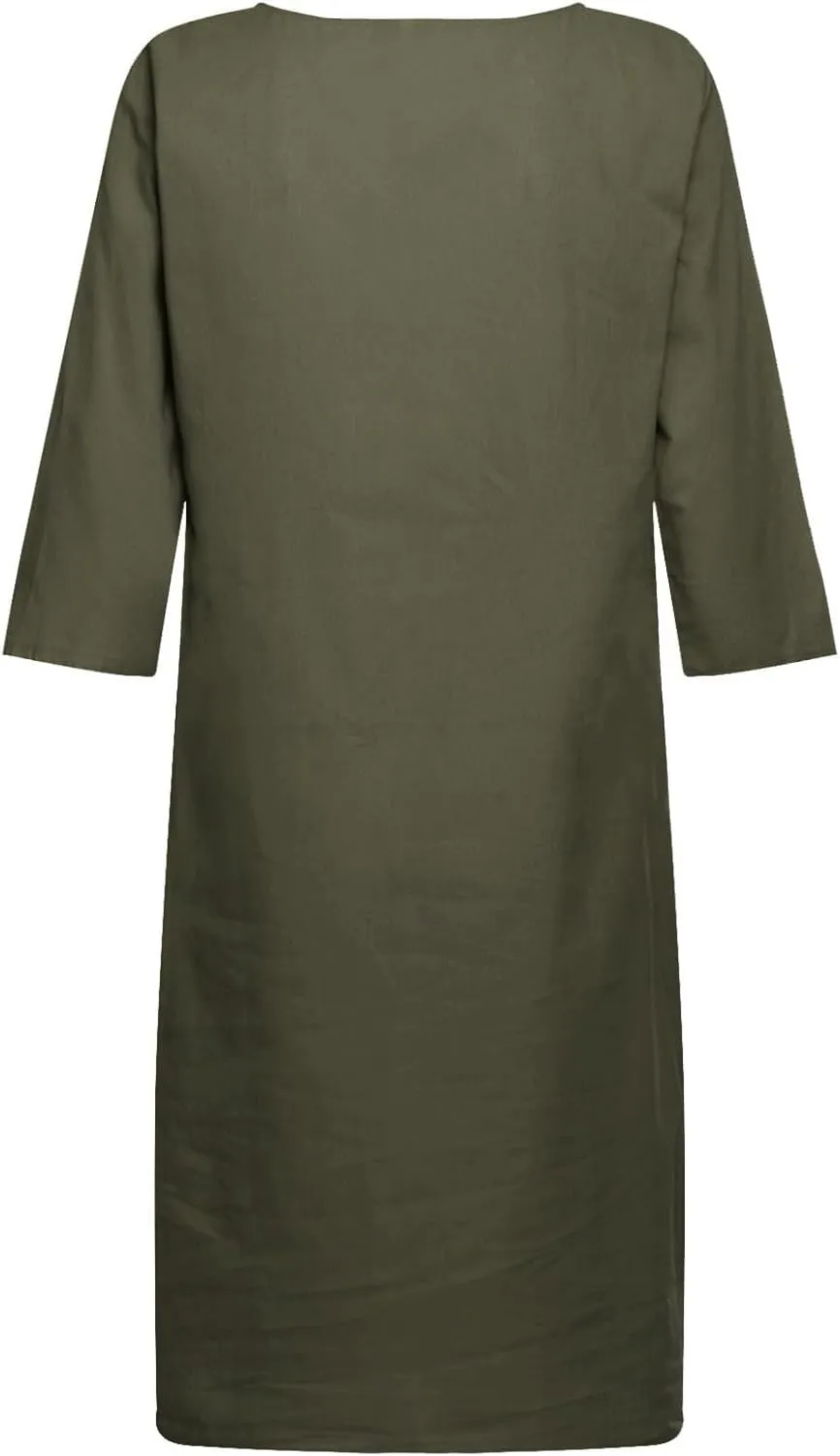 Cotton Linen Dresses for Women,2025 Summer V Neck Trendy Elegant Plain Beach Dress,Casual 3/4 Sleeve Midi Dress