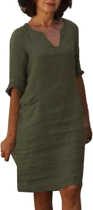 Cotton Linen Dresses for Women,2025 Summer V Neck Trendy Elegant Plain Beach Dress,Casual 3/4 Sleeve Midi Dress