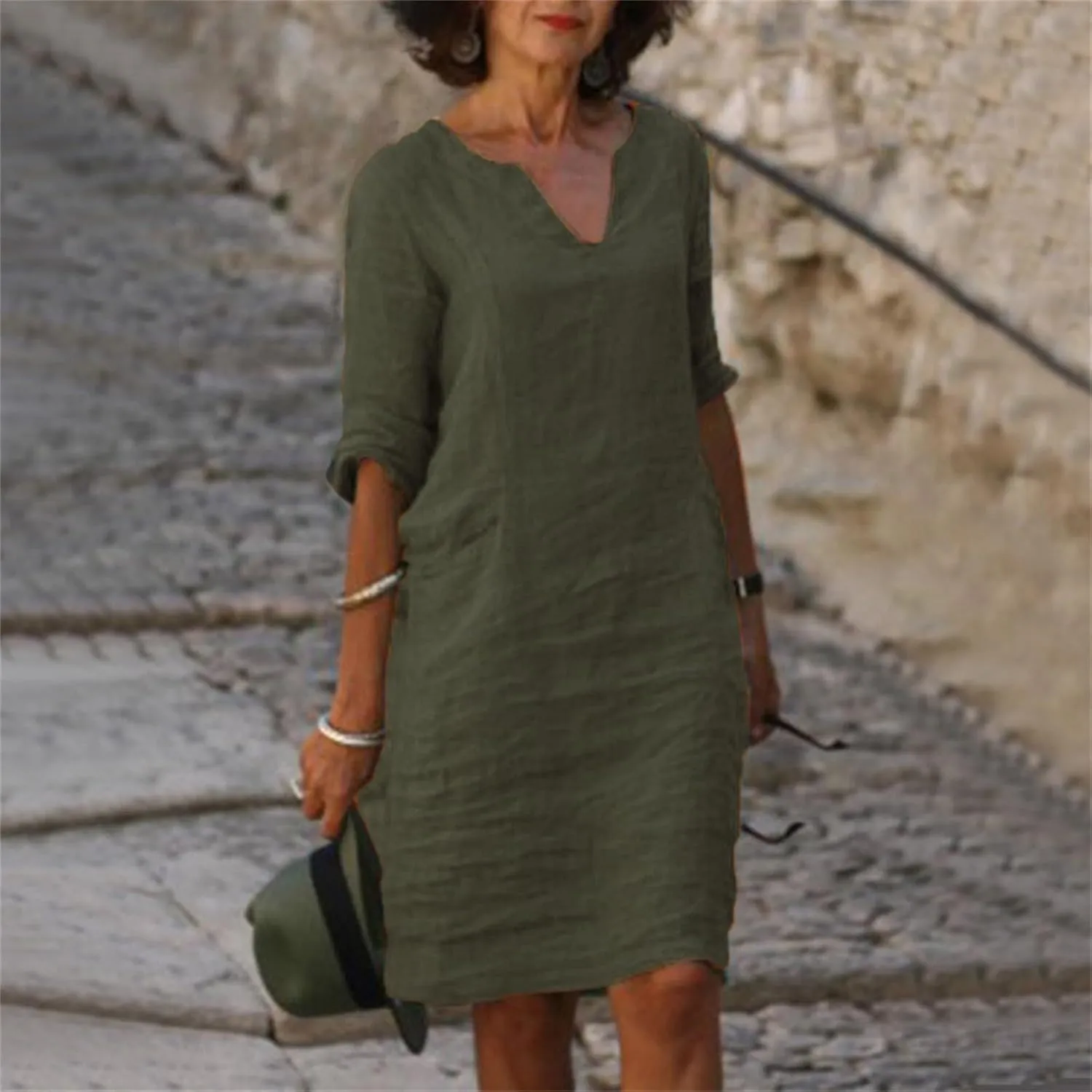Cotton Linen Dresses for Women,2025 Summer V Neck Trendy Elegant Plain Beach Dress,Casual 3/4 Sleeve Midi Dress