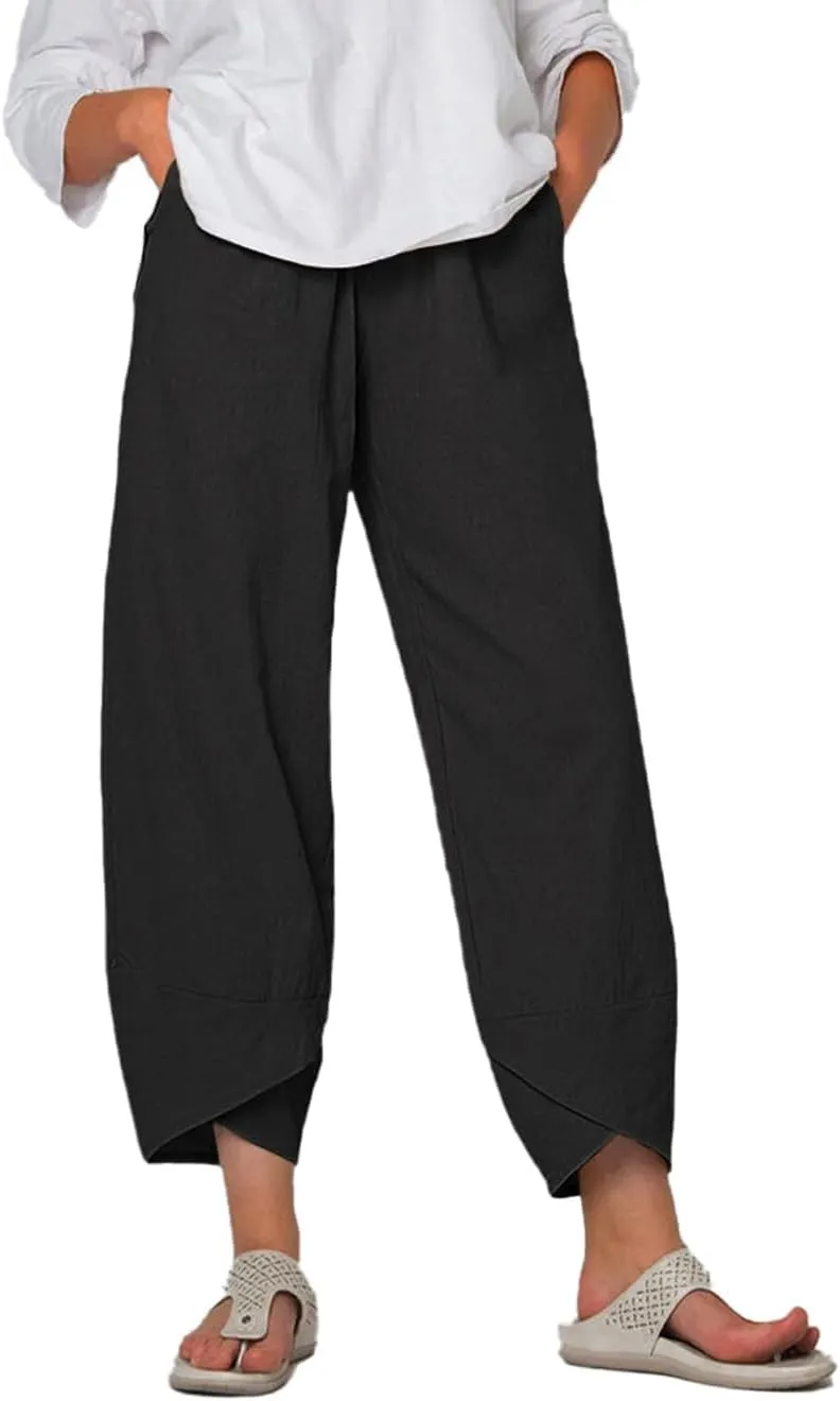 Cotton Linen Pants Casual Summer Capri Pants for Women Baggy Elastic Waisted Yoga Trousers Wide Leg Cropped Pants