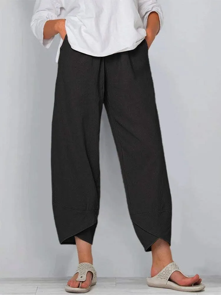 Cotton Linen Pants Casual Summer Capri Pants for Women Baggy Elastic Waisted Yoga Trousers Wide Leg Cropped Pants