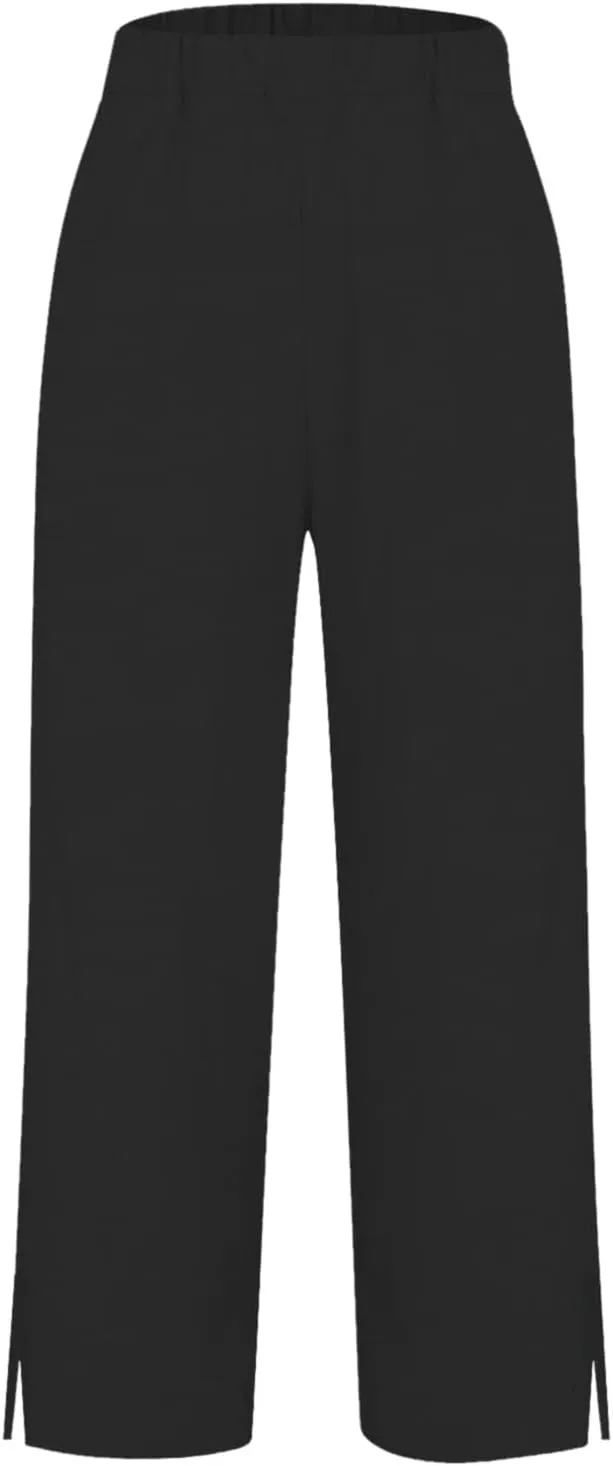 Cotton Linen Pants for Women Elastic High Waist Straight Leg Lounge Pants Summer Casual Slacks Trousers with Pockets