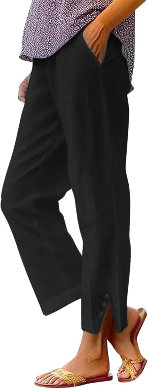 Cotton Linen Pants for Women Elastic High Waist Straight Leg Lounge Pants Summer Casual Slacks Trousers with Pockets