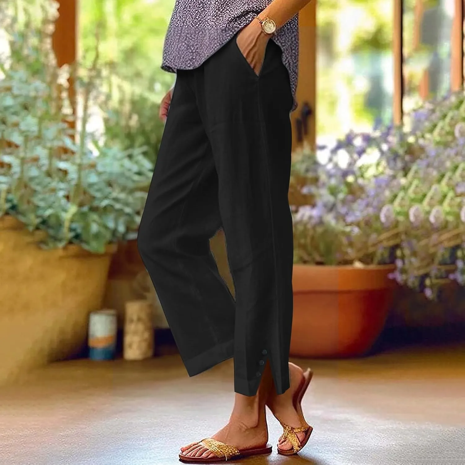 Cotton Linen Pants for Women Elastic High Waist Straight Leg Lounge Pants Summer Casual Slacks Trousers with Pockets