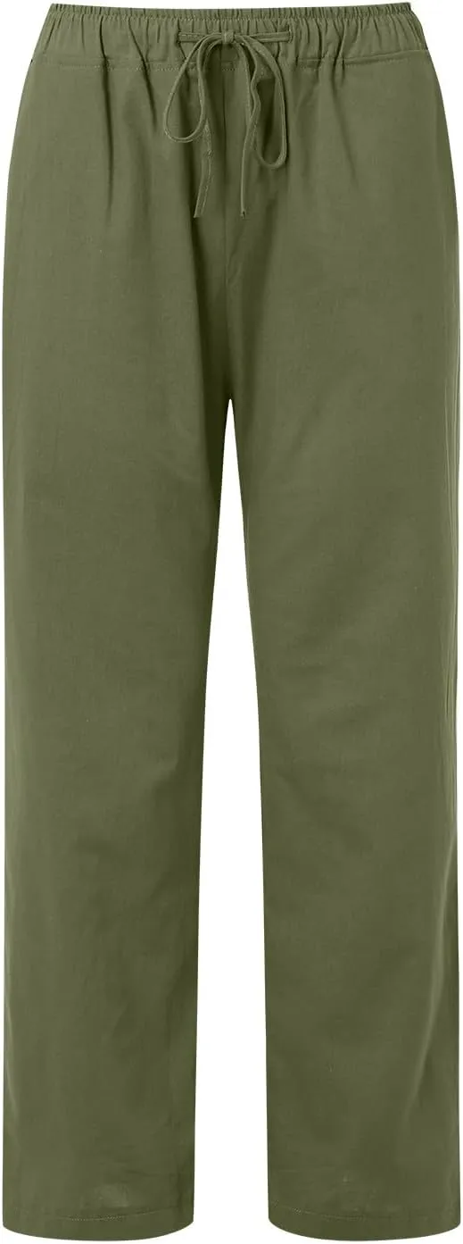 Cotton Linen Pants for Women High Waist Drawstring Loose Fit Wide Leg Trousers Summer Beach Pants with Pockets