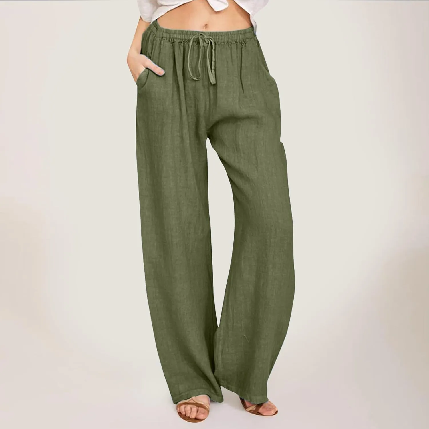 Cotton Linen Pants for Women High Waist Drawstring Loose Fit Wide Leg Trousers Summer Beach Pants with Pockets