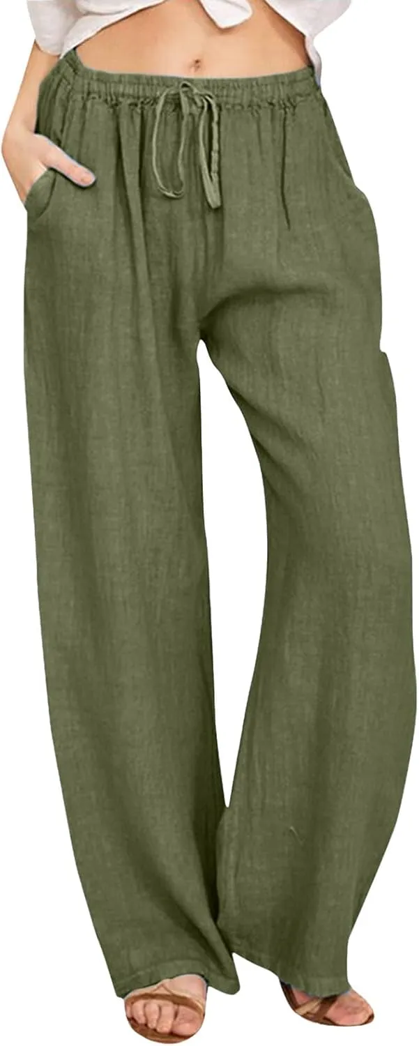 Cotton Linen Pants for Women High Waist Drawstring Loose Fit Wide Leg Trousers Summer Beach Pants with Pockets