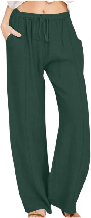 Cotton Linen Pants Women Casual Summer Tie High Waisted Wide Leg Palazzo Pants Solid Loose Fit Plus Size Trousers