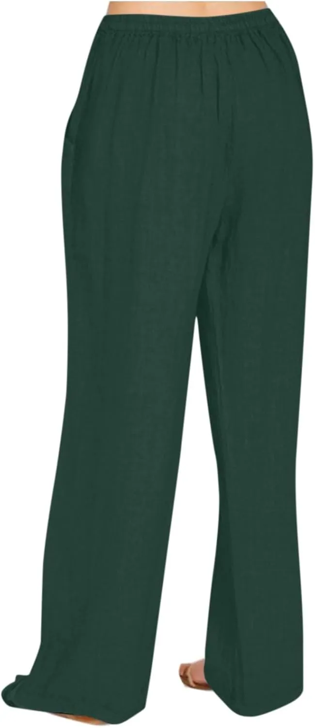Cotton Linen Pants Women Casual Summer Tie High Waisted Wide Leg Palazzo Pants Solid Loose Fit Plus Size Trousers